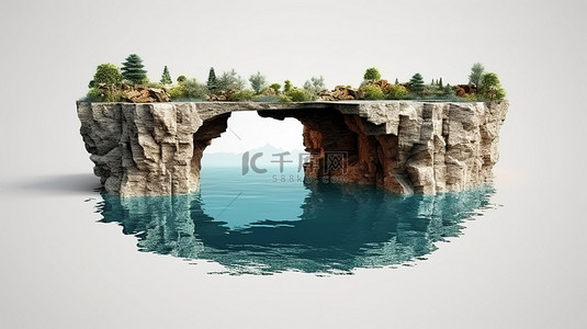 河流和土地背景图片_宁静的水面 3D 插图一个孤立的湖泊，有小岩石和瀑布