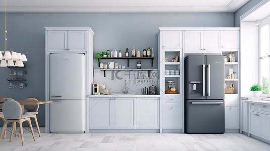 别致优雅背景图片_优雅的厨房设计白色内饰，配有蓝色冰箱和别致的黑色粉笔墙 3D 渲染