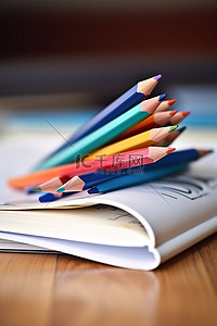 彩色铅笔背景图片_桌子上放着一本教科书和彩色铅笔