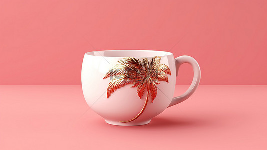 带有棕榈树阴影的粉红色背景和带金色装饰的 3D 渲染瓷杯