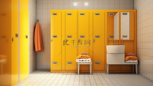 现代浴室配有毛巾储物​​柜和厕所 3D 渲染图像