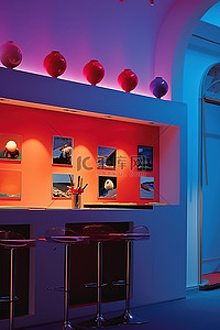店铺内部背景图片_家庭厨房区域的红色和蓝色壁灯