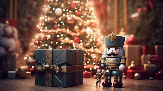 圣诞树礼物卡通背景图片_胡桃夹子和圣诞树在大礼品盒中的 3D 插图