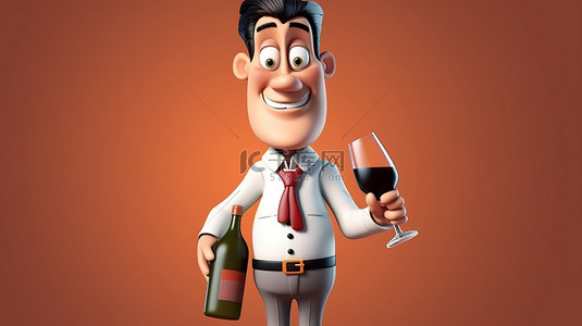 人物职业卡通背景图片_带有服务员卡通人物的酒瓶的 3D 插图