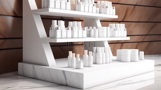 店铺品牌背景图片_纸板吊篮架的 3D 插图，在空白台面上显示品牌产品