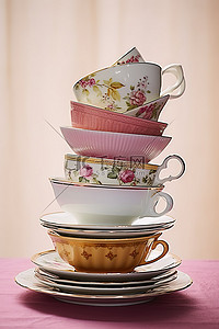 一堆茶杯玻璃碟子盘子和蛋糕用具
