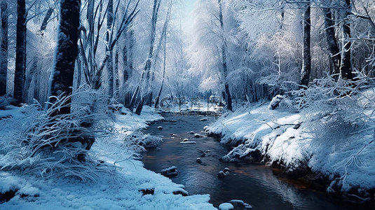 原始森林中迷人的冬季溪流神秘的 3D 艺术品