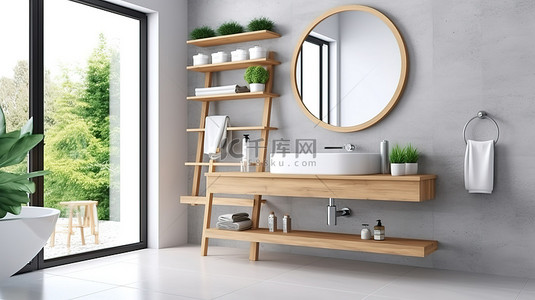 时尚的木架，配有现代浴室水槽镜梯和毛绒毛巾豪华室内设计 3D 渲染