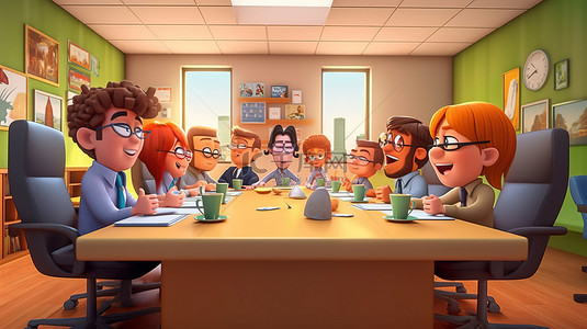 3D 卡通形式的快乐同事团队在办公室会议上审议业务