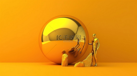 科技球体背景图片_被困在金色球体上的男人黄色的抽象解释3D 渲染