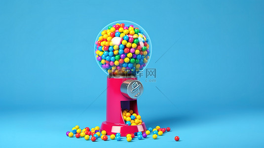 蓝色背景上口香糖球机周围彩色球的 3D 渲染