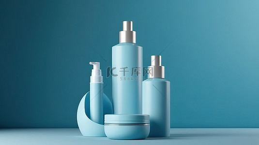 洗面奶背景图片_蓝色讲台上的三种化妆品产品滴管瓶乳液管和奶油罐 3D 插图渲染