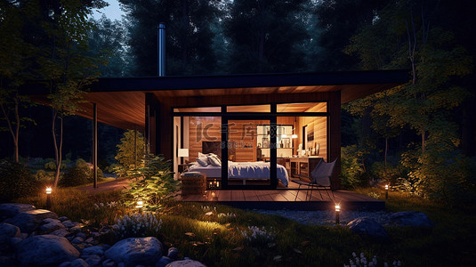 夜间森林景观中舒适木屋的 3D 插图