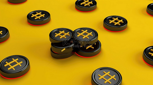 3D 渲染的 tic tac toe 游戏在黄色背景上与黑色赌场筹码