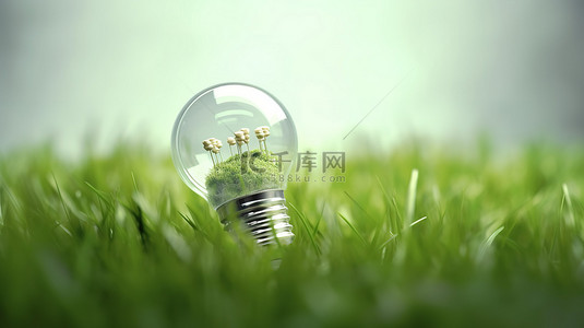 绿色节能概念 3D 渲染 LED 灯泡在白色背景与草