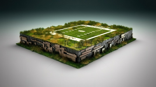 体育场比赛背景图片_美式足球场横截面的 3D 插图，上面有茂密的橄榄球体育场草