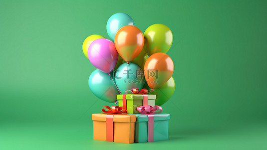 绿色背景下充满活力的气球和礼品盒的 3D 渲染