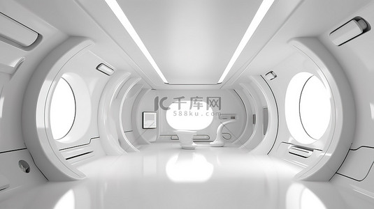 时尚的未来派室内设计样机 3D 渲染场景，具有白色主题