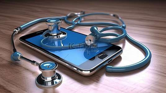 在线医生使用两部手机和听诊器检查健康状况的 3D 渲染