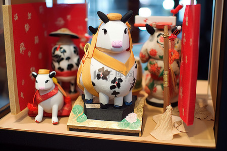 小牛小牛背景图片_框架里有一头牛雕像，上面有几个日本小装饰品