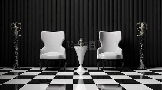 棋盘背景上的 3D 渲染黑白椅子