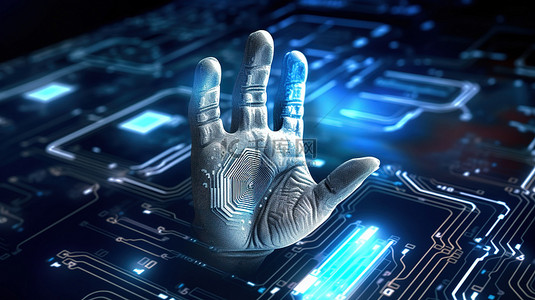手指指纹背景图片_具有数字指纹识别和二进制代码的机器人的 3D 渲染