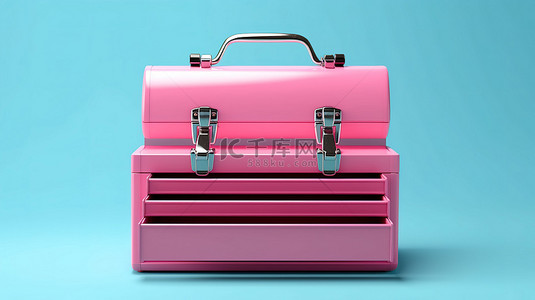 蓝色背景 3D 渲染上的双色调风格粉色金属经典工具箱