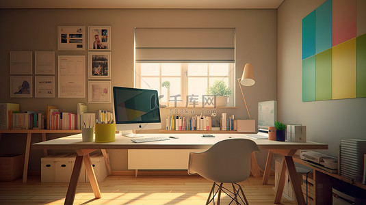 电脑桌避风港带装饰品和用品的家庭办公室的 3D 渲染图