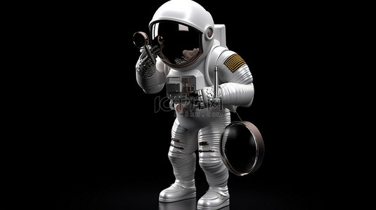 宇航员用放大镜检查的黑色背景 3D 渲染