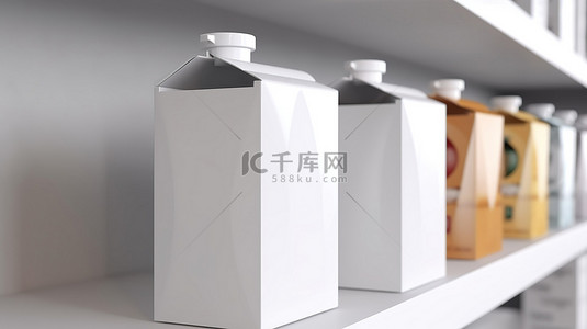 商店白色货架上空牛奶或果汁纸盒的 3D 渲染
