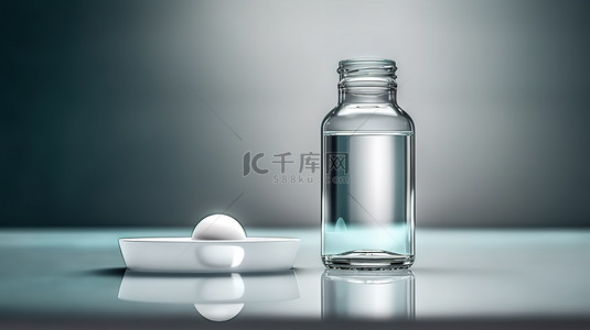 药药丸背景图片_带水玻璃空白塑料药瓶和单个白色药丸的完整处方显示的 3D 渲染