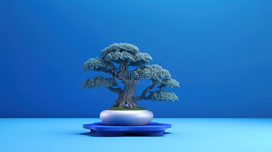 树抽象背景图片_蓝色环境中的抽象日本讲台和盆景树 3D 渲染插图