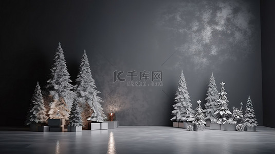 礼品模式背景图片_冬季仙境产品展示 3D 渲染工作室拍摄与节日雪花照明