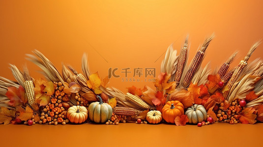 秋季食品背景图片_秋季和感恩节的 3D 渲染横幅设计，具有充足的复制空间