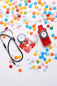 医疗用品背景图片_白色背景中的听诊器和各种医疗用品