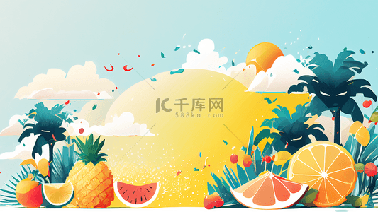 夏天的海边背景图片_夏天西瓜椰树沙滩插画