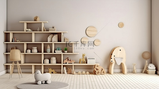 孩子白线背景图片_简约的儿童房书籍和玩具架靠在空墙上斯堪的纳维亚设计 3D 渲染