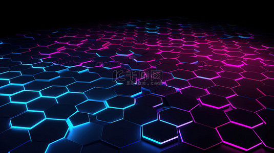 3D 渲染中具有未来派蓝色和粉色光芒的抽象六边形图案