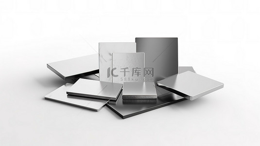 在白色背景 3D 渲染上展示的各种金属板