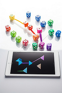 科技金融科技背景图片_白色背景上带有彩色骰子和 ipad 应用程序的箭头
