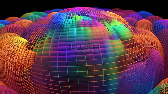 彩虹色线框地球仪以混合尺寸重叠和层叠的壮观展示