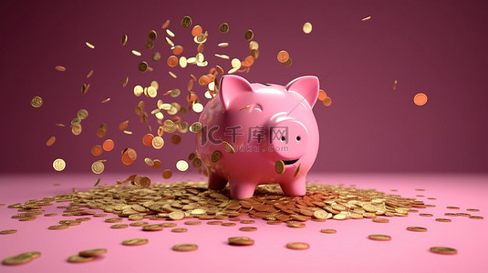闪闪发光的金币的侧视图 3d 渲染层叠成一个迷人的粉红色存钱罐，代表孤立存钱的概念