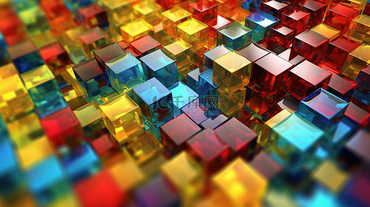网页设计框背景图片_关闭多彩多姿的抽象块和玻璃立方体背景的 3D 渲染