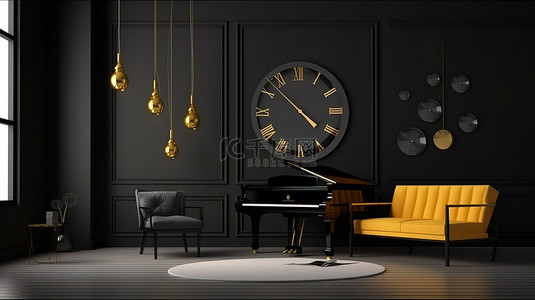 优雅的三角钢琴和复古 D Cor 位于时尚的黑色室内 3D 插图中