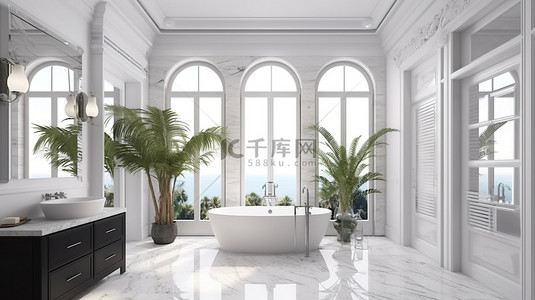 奢华的瓷砖装饰和自然景观在 3D 渲染中提升现代经典浴室