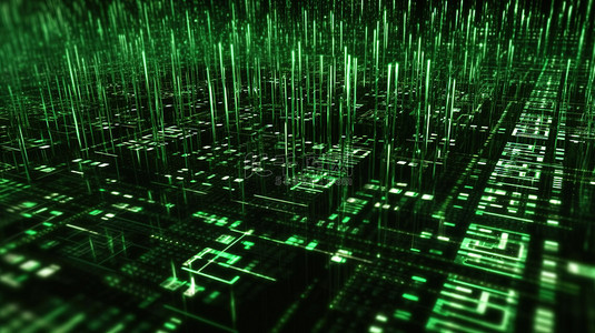 绿色电脑背景背景图片_绿色矩阵代码落在黑色和绿色背景上的 3D 插图，带有符号