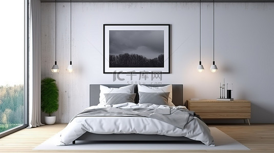 枕头样机背景图片_舒适卧室中海报框架的高视图，配有床枕头和床头柜，靠在白色墙壁上，具有令人惊叹的 3D 细节