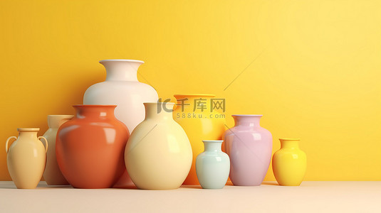 黄色背景上彩色 3D 渲染的简约陶瓷花瓶和锅，用于家居装饰 3D 插图与复制空间