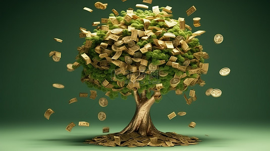 小到大的金钱树 3D 渲染，带有象征金融投资的落硬币