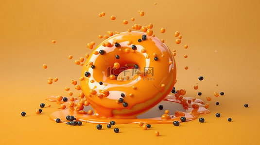 逼真的 3D 渲染甜甜圈层叠在橙色釉料与洒水